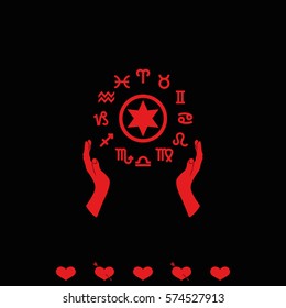 Two opened hands holding circle with signs of zodiac.