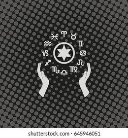 Two opened hands holding circle with signs of zodiac.