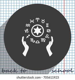 Two opened hands holding circle with signs of zodiac.