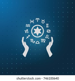 Two opened hands holding circle with signs of zodiac.