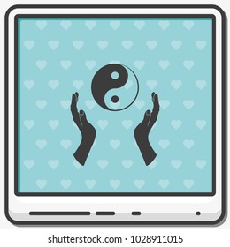 Two opened hands holding Yin Yang symbol flat vector icon.