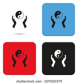 Two opened hands holding Yin Yang symbol flat vector icon.