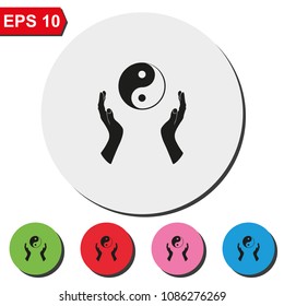 Two opened hands holding Yin Yang symbol flat round colorful vector icon.
