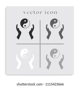 Two opened hands holding Yin Yang symbol flat black and white vector icon.