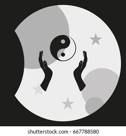 Two opened hands holding Yin Yang symbol.