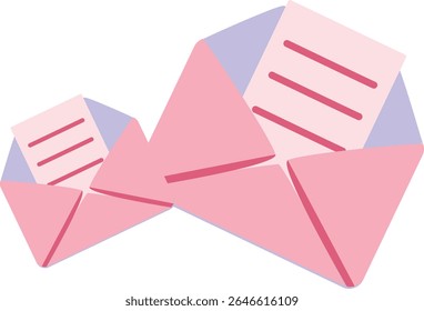  Two opened pink envelopes with letters inside, representing romantic messages, Valentine's greetings, or love notes in modern flat design style.
