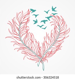 Two openwork birds to pluck a feather in the form of heart