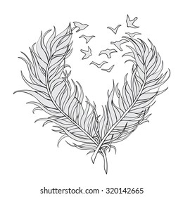 Two openwork birds to pluck a feather in the form of heart