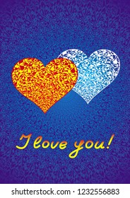 Two openwork colorful hearts on a blue background. Symbol of love. Valentine's Day. Text - I love you. Vector graphics.