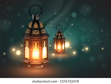 Two openwork oriental lamps on a blue background with highlights. 3D vector. High detailed realistic illustration