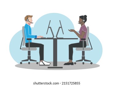 Two operators agents with headsets working in a call centre - vector illustration concept