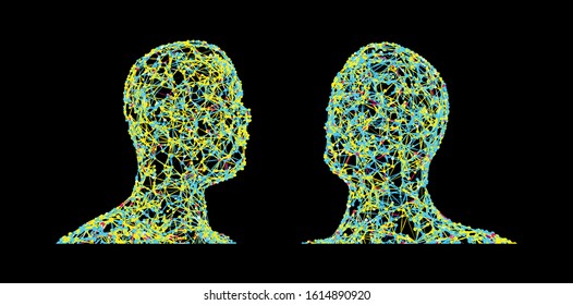 Two opponents facing each other. Conflict of interest. The concept of rivalry. 3d human face created in grid style. Vector illustration. 