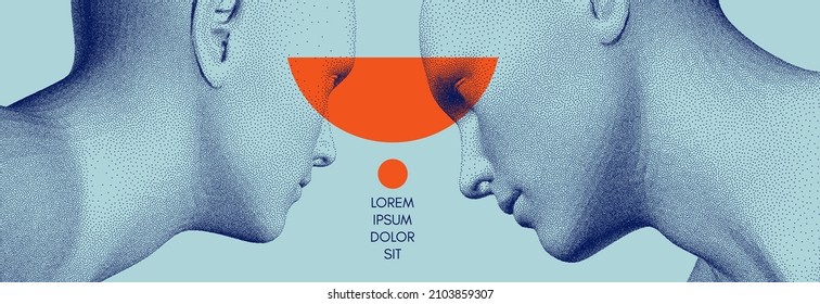 Two opponents facing each other. Conflict. People talk face to face. The concept of rivalry. Abstract digital human head made from dots. 3d vector illustration for banner, poster, cover or brochure.