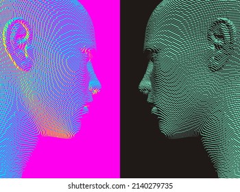 Two opponents facing each other. Conflict. People talk face to face. The concept of rivalry. Voxel art. 3D vector Illustration for advertising, presentation, banner, poster, cover or brochure.