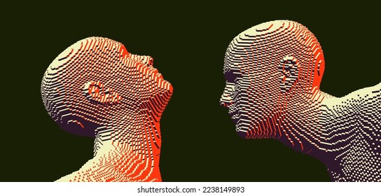 Two opponents facing each other. Conflict. People talk face to face. The concept of rivalry. Abstract digital human head. 3d vector illustration for banner, poster, cover or brochure.