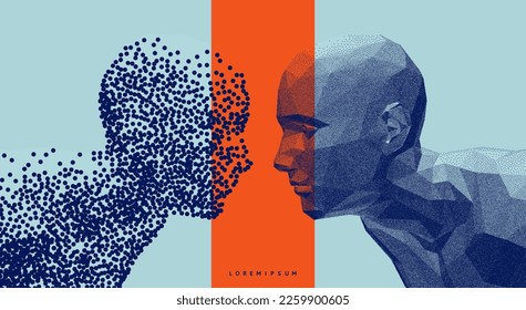 Two opponents facing each other. People talk face to face. Illustration of the communication between two humans. Mind reading concept. Battle with yourself. Vector in сoarse and fine style. 