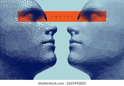 Two opponents facing each other. People talk face to face. Illustration of the communication between two humans. Mind reading concept. Battle with yourself. Vector in сoarse and fine style. 