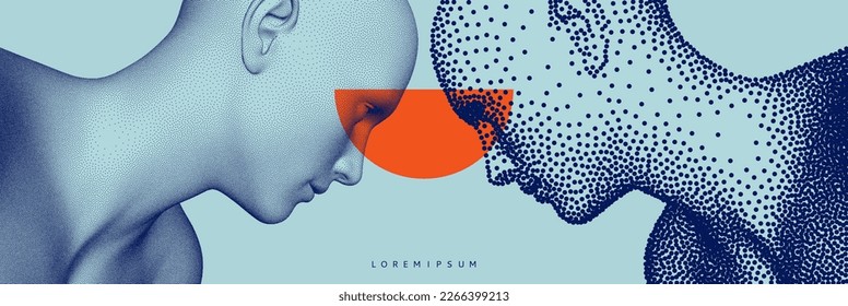 Two opponents facing each other. People talk face to face. Illustration of the communication between two humans. Mind reading concept. Battle with yourself. Vector in сoarse and fine style. 