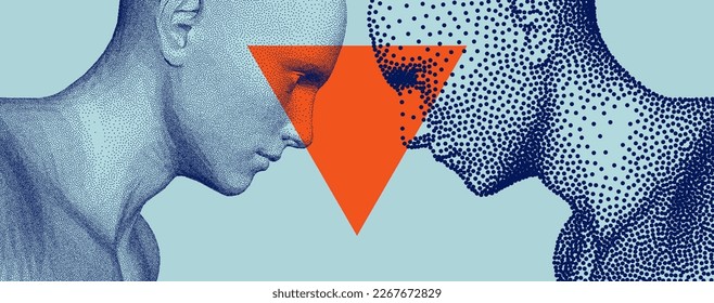 Two opponents facing each other. People talk face to face. Illustration of the communication between two humans. Mind reading concept. Battle with yourself. Vector in сoarse and fine style. 