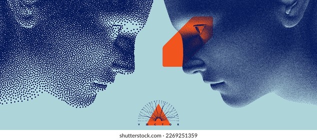 Two opponents facing each other. People talk face to face. Illustration of the communication between two humans. Mind reading concept. Battle with yourself. Vector in сoarse and fine style. 