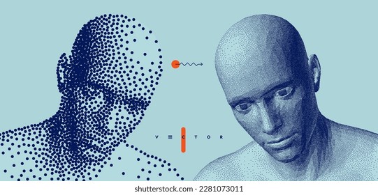 Two opponents facing each other. People talk face to face. Illustration of the communication between two humans. Mind reading concept. Battle with yourself. Vector in сoarse and fine style. 