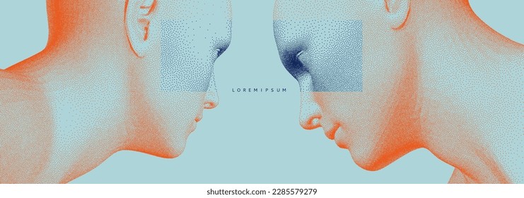 Two opponents facing each other. Conflict. People talk face to face. The concept of rivalry. Abstract digital human head made from dots. 3d vector illustration for banner, poster, cover or brochure.