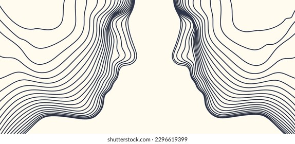 Two opponents facing each other. Conflict. People talk face to face. The concept of rivalry. Abstract digital human head made from lines. 3d vector illustration for banner, poster, cover or brochure.