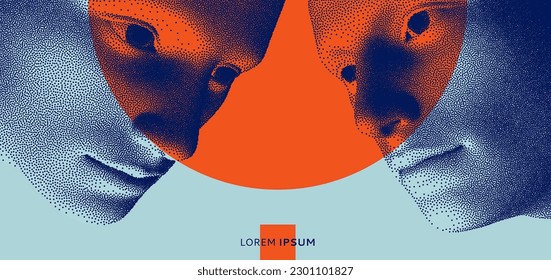 Two opponents facing each other. Conflict. People talk face to face. The concept of rivalry. Abstract digital human head made from dots. 3d vector illustration for banner, poster, cover or brochure.