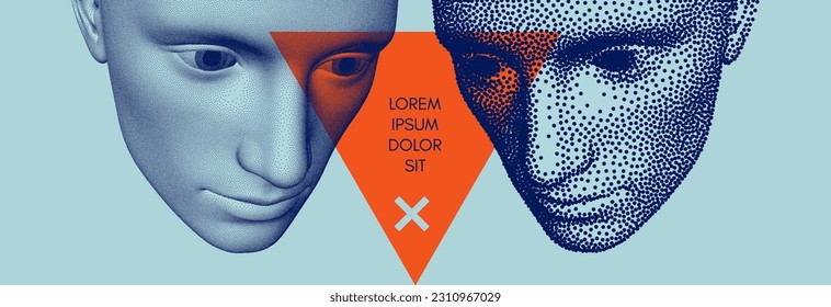 Two opponents facing each other. Conflict. People talk face to face. The concept of rivalry. Abstract digital human head made from dots. 3d vector illustration for banner, poster, cover or brochure.