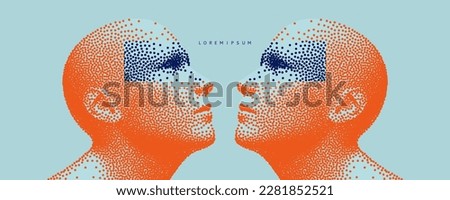 Two opponents facing each other. Conflict. People talk face to face. The concept of rivalry. Abstract digital human head made from dots. 3d vector illustration for banner, poster, cover or brochure.