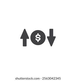 Two opposing arrows with a dollar sign vector icon. filled flat sign for mobile concept and web design. Moneyline Bet glyph icon. Symbol, logo illustration. Vector graphics