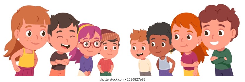 Two opposing groups of people. Teams rivalry. Children stand opposite talking challenging teams communication, competition peers discussion. Vs, friendly versus challenge vector character illustration