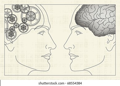 Two opposite profiles with brain and gears inside, EPS 8, CMYK.