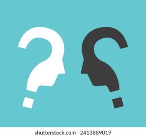 Two opposite question shaped heads. Communication, difference, conflict, debate, misunderstanding, discussion and dispute concept. Flat design. EPS 8 vector illustration, no transparency, no gradients