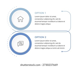 Layout infográfico de duas opções com elementos circulares, linhas de conexão e áreas de texto projetado para comparar ou apresentar um processo simples passo a passo