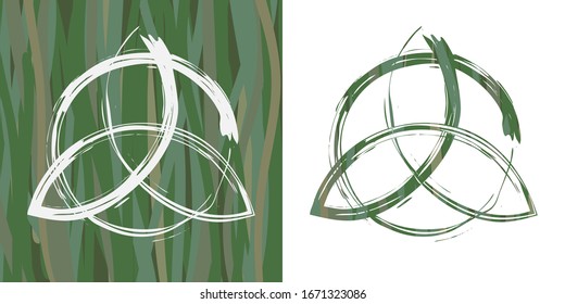 two options of celtic pagan symbol triquetra on grass background