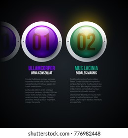 Two options with glowing 3d spheres in hi-tech style on black glossy background