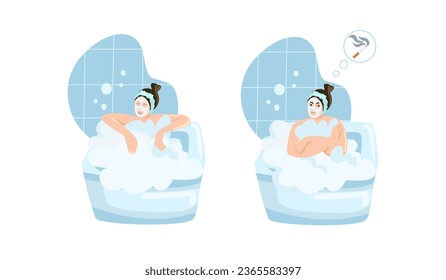two options, a smoking and a non-smoking woman takes a bath and relaxes. a woman who does not smoke enjoys a bath and relaxation, while a woman who smokes cannot relax and dreams of a cigarette