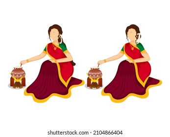 Two Options Of South Indian Lady Cooking Traditional Dish (Rice) At Bonfire.