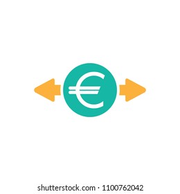 Two orange arrows with euro sign in blue circle. Flat icon. Isolated on white. Currency exchange icon. Good for web and software interfaces. Vector illustration. Money Turnover icon.