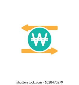 Two orange arrows with Korean Won sign in green circle. Flat icon. Isolated on white. Currency exchange icon. Good for web and software interfaces. Vector illustration. Money Turnover icon.