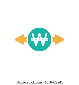 Two orange arrows with Korean Won sign in green circle. Flat icon. Isolated on white. Currency exchange icon. Good for web and software interfaces. Vector illustration. Money Turnover icon.