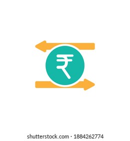 Two orange arrows with rupee sign in blue circle. Flat icon. Isolated on white. Currency exchange icon. Good for web and software interfaces. Vector illustration. Money Turnover icon.