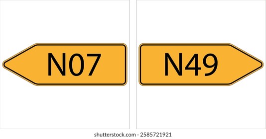Two orange arrow-shaped signs indicating routes n07 and n49, guiding drivers on their journey.