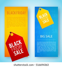 Two orange and blue colors vertical black friday banner set with big sale tags vector illustration