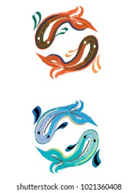two orange and blue fish with brushstrokes