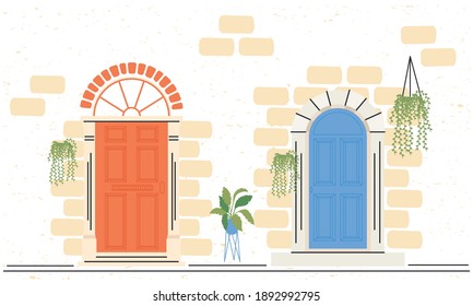 two orange and blue front doors with plants design, House home entrance decoration building theme Vector illustration
