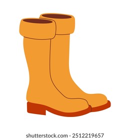 Two orange boots with a brown stripe on the top. The boots are on a white background. The boots are cartoonish and seem to be from a children's book