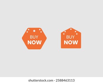 Two Orange "Buy Now" Tags on a Light Gray Background,Two simple, flat design, orange "Buy Now" tags, one hexagonal and one rectangular, with white text and stars, are displayed against a light gray ba