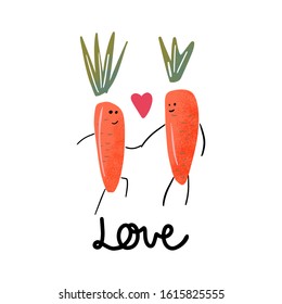 Two orange carrot in love. Valentines day greeting card. Vector illustration EPS 10.